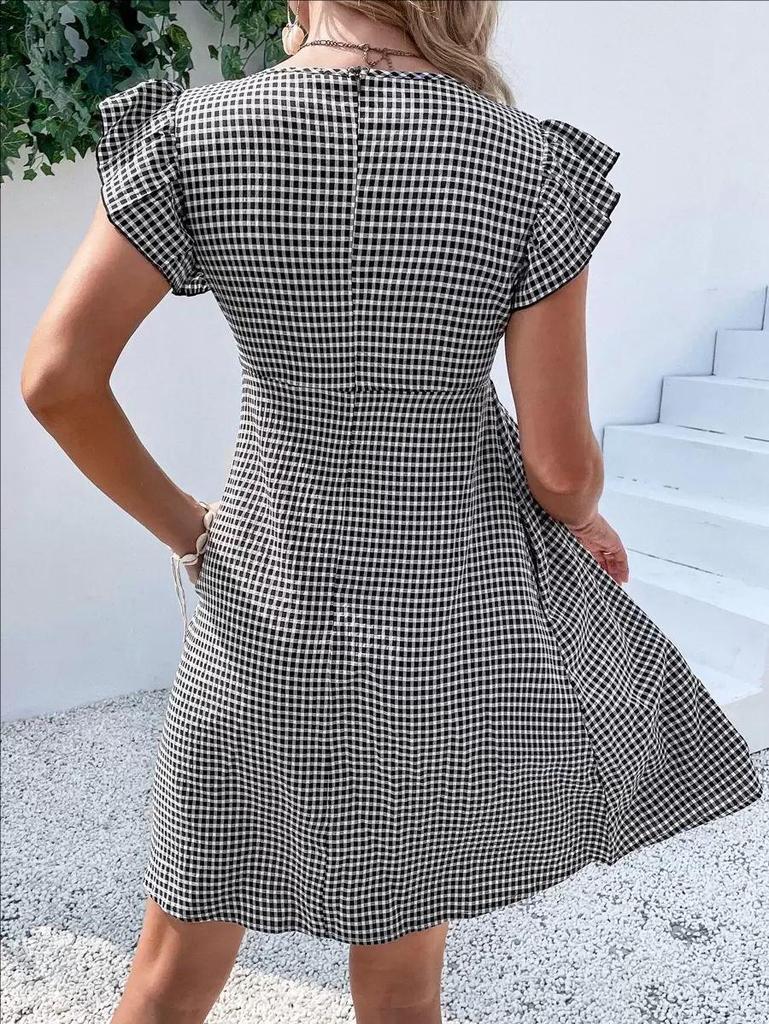 European & American Women's Ruffle Sleeve Square Neck Plaid High-Waisted Dress