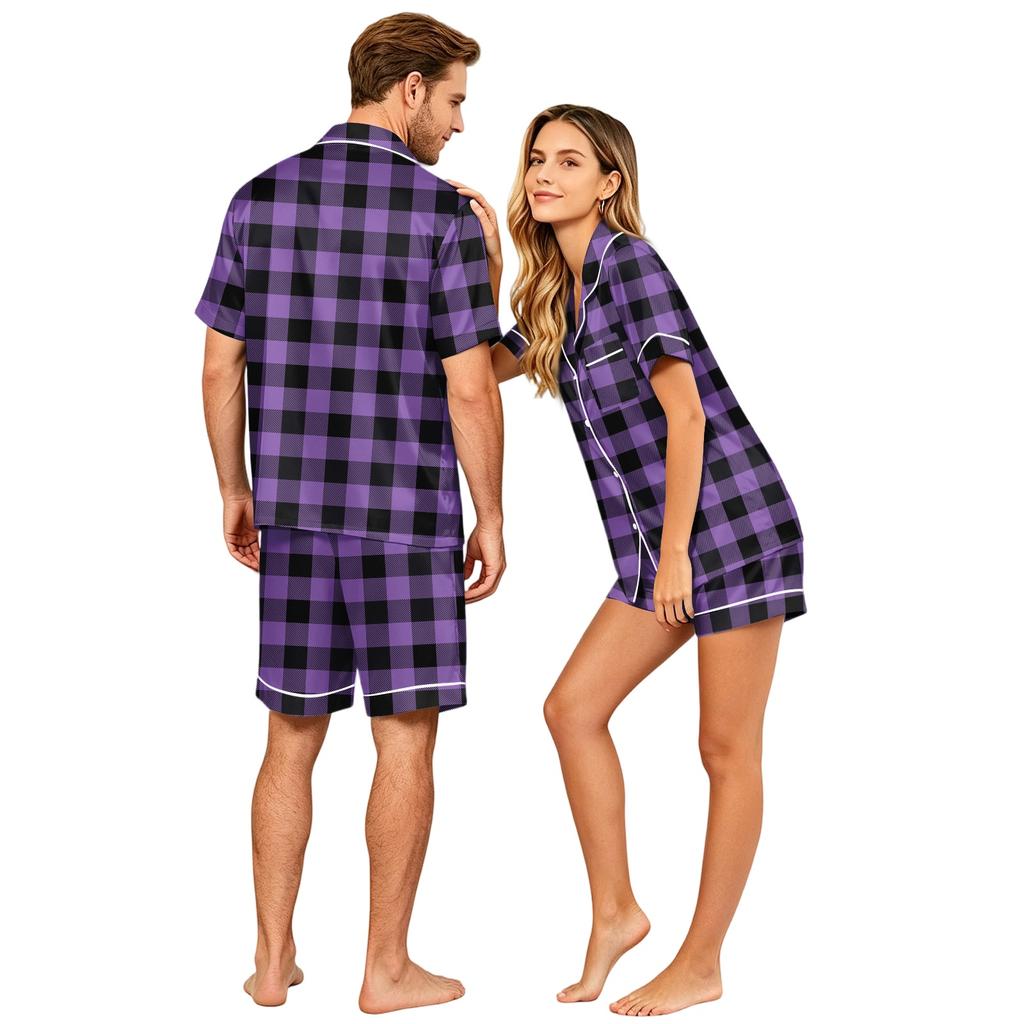 Couple Matching Pajama Set Short Sleeve Button Down Shirt with Hem and Shorts Set Soft Casual Loungewear S To XXXXL