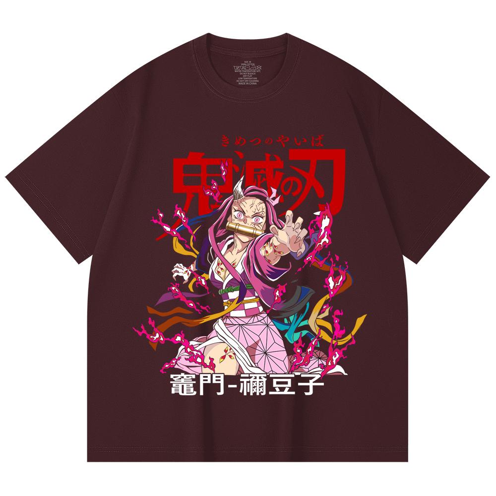 

230 Gsm 100% Cotton Demon Slayer V72 Nezuko Print Unisex Heavy Cotton T Shirt 2XL вина червоного кольору