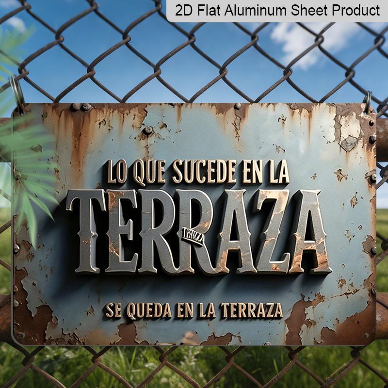 2D Flat, 1pc Vintage Spanish Terraza Plaque - Rustic Patio Decor Sign with Spanish Text, Dark Teal & Rust Colors - Aluminium Wall Hanging Decoration