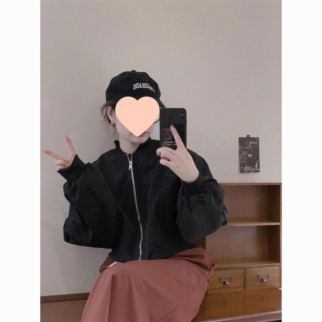 Schwarze Koreanischer Stil Petite Stehkragen Baseballjacke - Herbst/Winter Lässig Vielseitig Mode