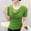 Summer Women's Draped Design O-Neck T-Shirt Trendy Elegant Short Sleeve Mesh Tops New Casual Fairy Tees Blouse