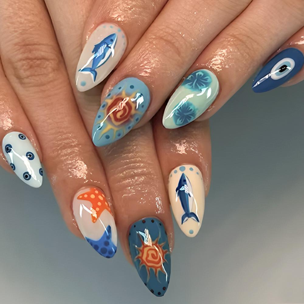 Almond Blue Ocean Starfish Manicure: 24 Detachable Nail Tips for Fresh Summer Style