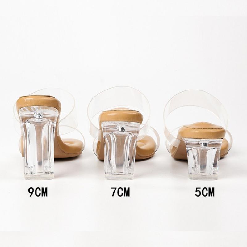 2025 Summer New Comfortable Transparent Square Toe High Heels Women Crystal Thick Heel Sexy Casual Sandals Flip Flops