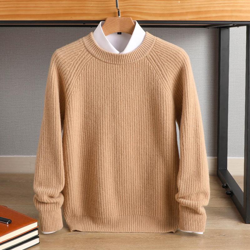 Men's Plus Size Crew Neck Wool Sweater - Autumn/Winter, Fine Stripe Raglan Sleeve, Loose Fit