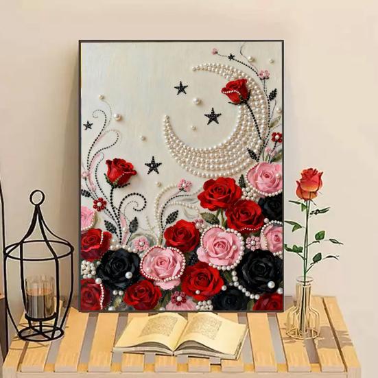 Plastic Pearl Painting Craft Set Faux Pearls Pre-Printed Canvas Set Rose Designs DIY Pearl Painting Kit for Wall Decor Gift Idea