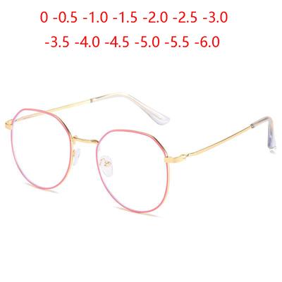 Metal Anti-Blue Light Irregular Myopia Glasses With Degree Pink Gold Frame Polygon Nearsighted Spectacles 0 -0.5 -1.0 To -6.0