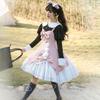 [Milky Time] 3-Piece Set: Lolita Dress, Jumper Skirt, and Power Shoulder Strap with Blouse (Pink x Black)