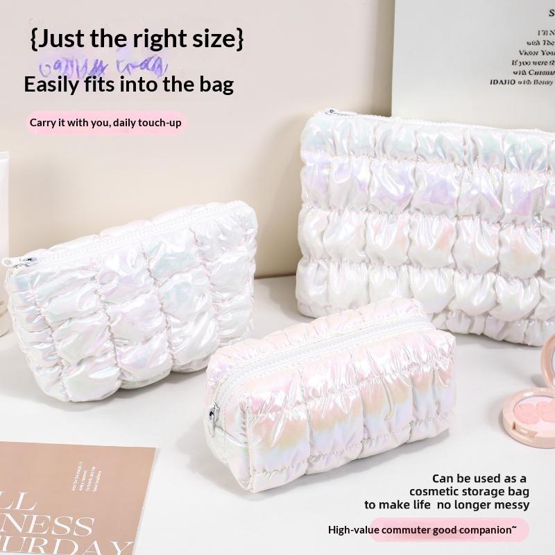 Iridescent Pink Puffy Makeup Bag With Bubble Grid Design Large Capacity For Travel Daily Cosmetic Storage