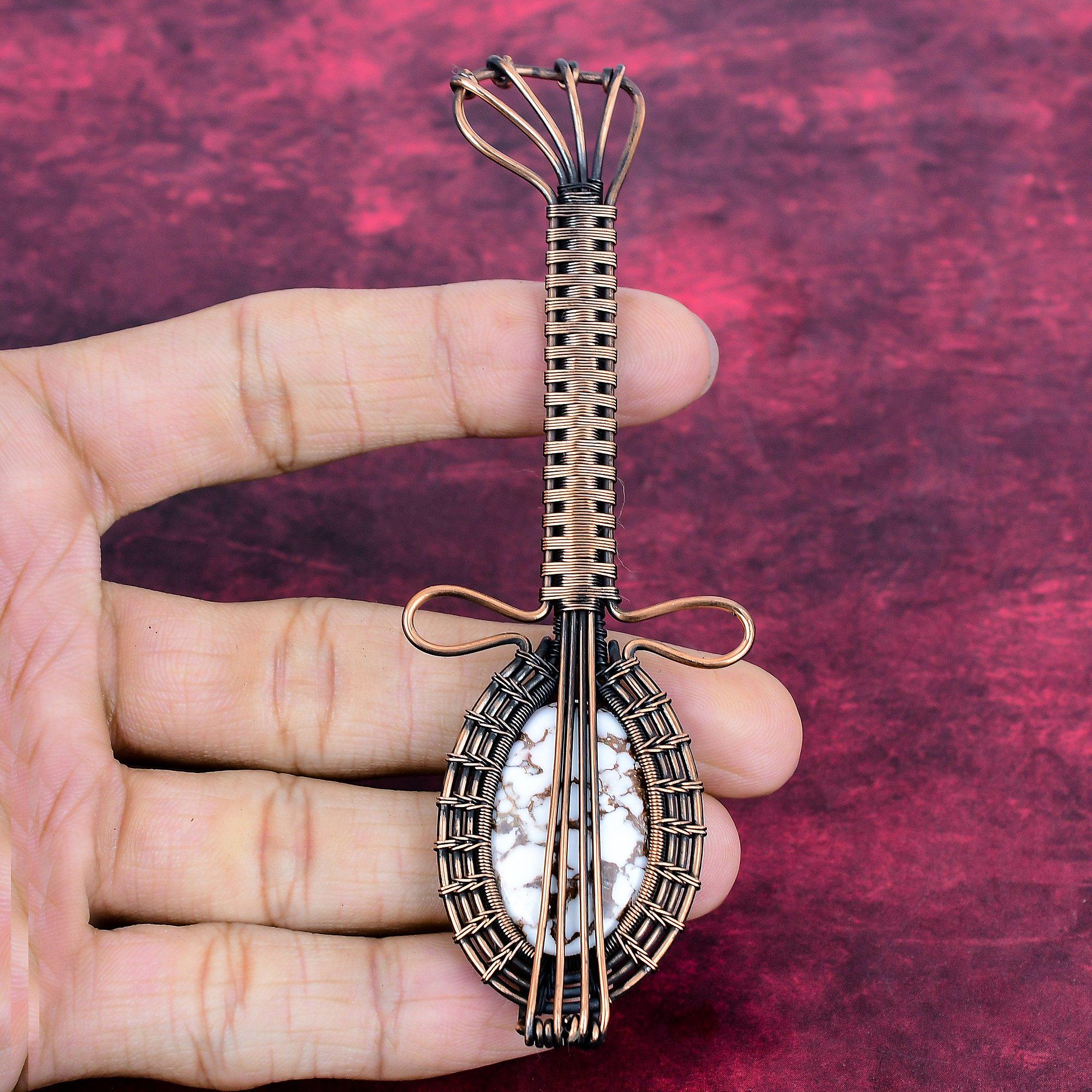 Wild Horse Magnesite Natural Gemstone Pendant Guitar Copper Wire Wrapped Pendant