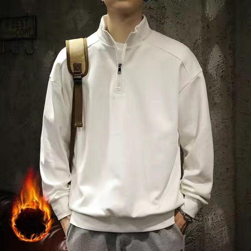 Fashion Streetwear Korean Half Zipper Stand Collar Pullovers Men Autumn Winter Chic Casual All-match Print Plus Fleece Hoodies