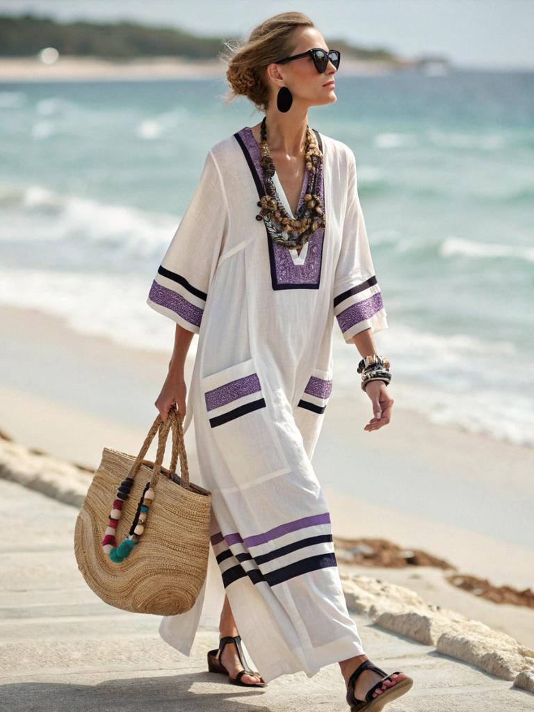 3D digital printing V-neck five-quarter sleeve long pocket Kaftan dress