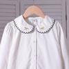 Girls White Long Sleeve Blouse 100% Cotton Ruffled Collar Bow Embroidery Spring Autumn Top for Kids Aged 5-12