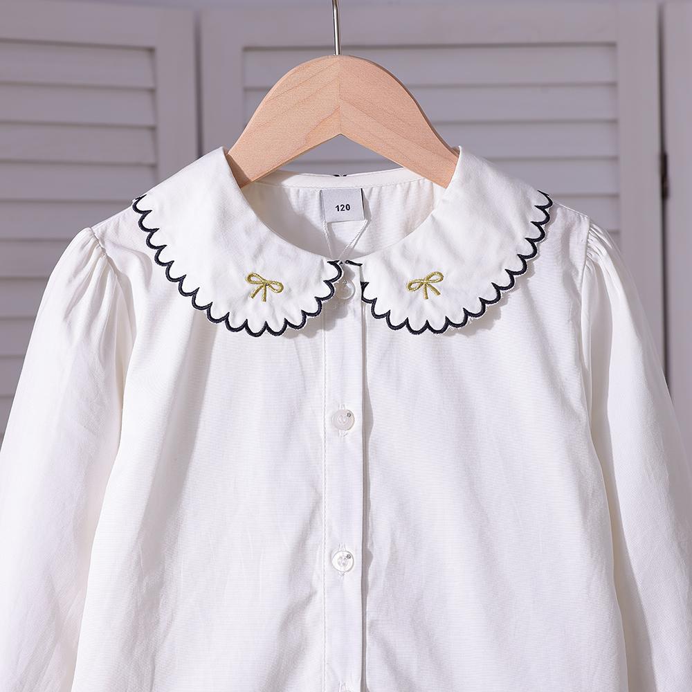Girls White Long Sleeve Blouse 100% Cotton Ruffled Collar Bow Embroidery Spring Autumn Top for Kids Aged 5-12