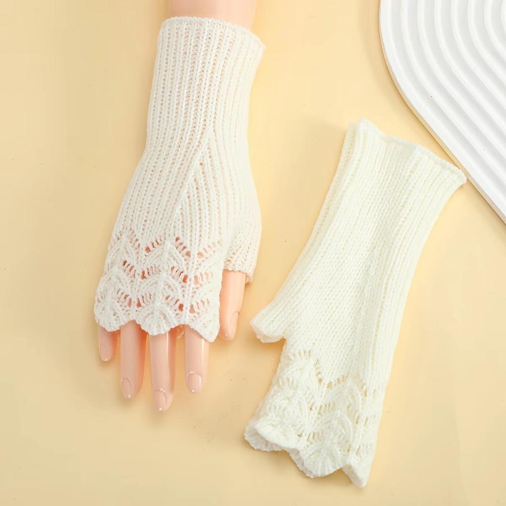Vintage Winter Wool Gloves Half Finger Crochet Flower Mittens All-Match Fingerless Gloves Winter