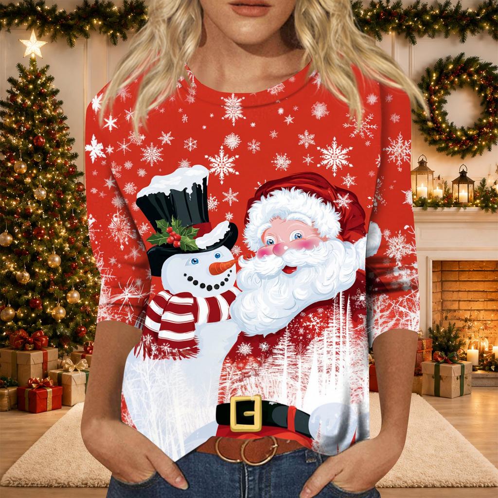 Women's Casual 3/4 Sleeve Neck Christmas Print Top with Festive Holiday Design