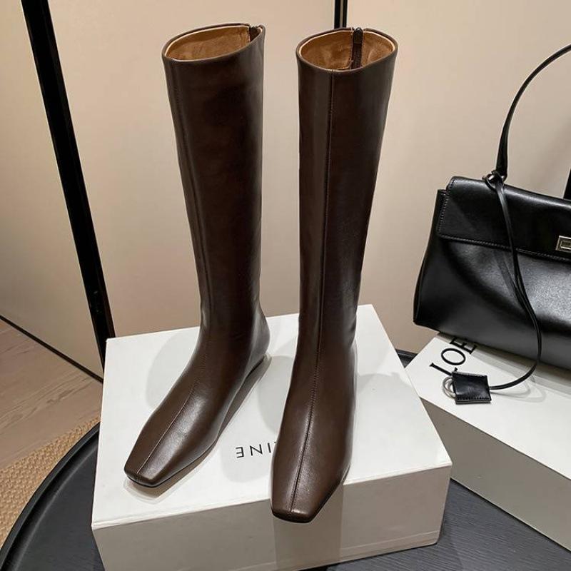 New women's leather boots cowhide high boots medium heel versatile square head zipper autumn and winter genuine leather rubber sole Martin boots