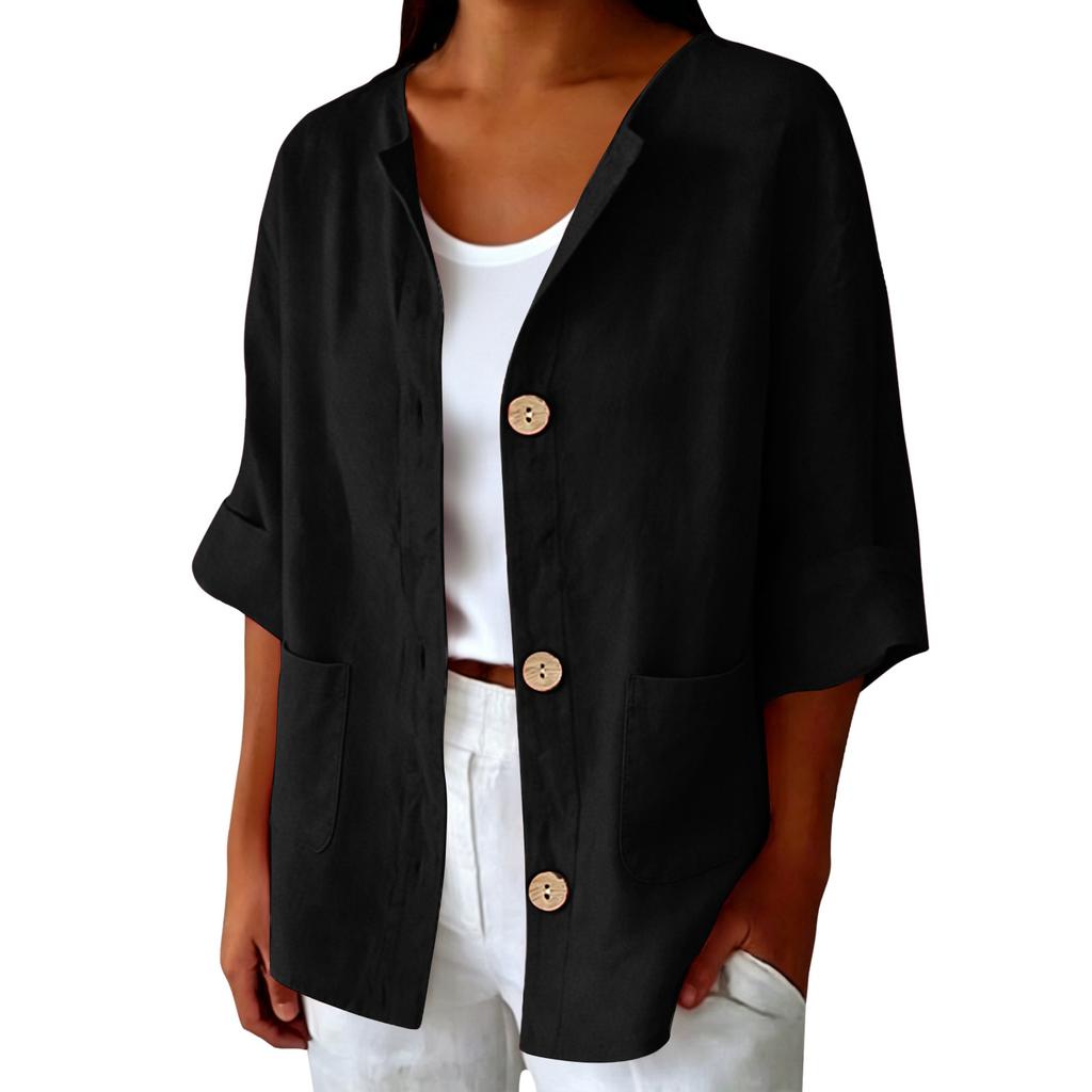 Women Casual Solid Color Linen Cotton Blend Cardigan Button Front Pocket Long Sleeve Lightweight Jacket