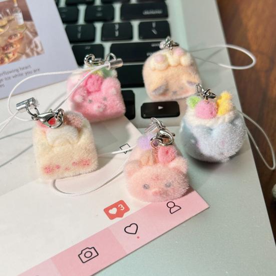 Decorative Pendant with Lanyard Flocked Cake Dog Pig Bear Shape Keychain Bag Charm Mobile Phone Hanging Ornament