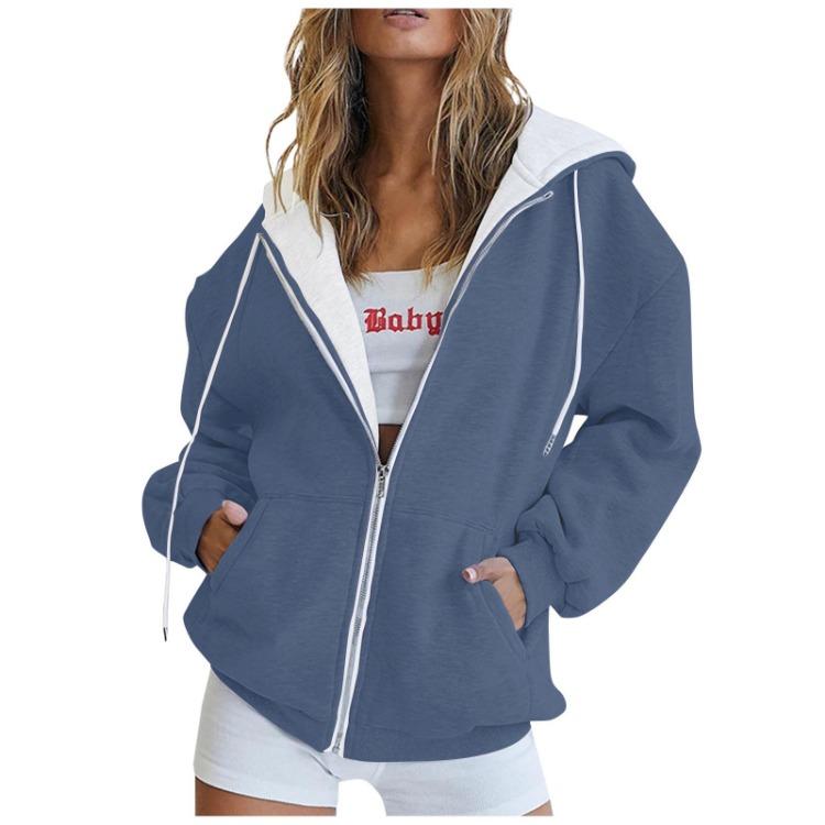 Fashion Hoodie Women Long Sleeve Zipper Hooded Pullover Casual Sweatshirt Solid Color Tops With Pockets
