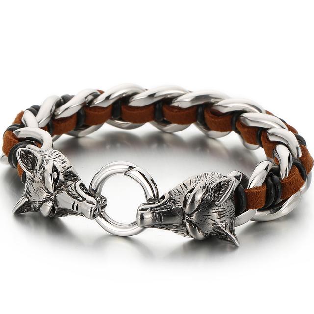 Pulsera Punk de Cuero Trenzado Lobo para Hombre Pulseras con Encanto de Mano para Hombre con Forma de Cabezas de Cráneo de Dragón Joyería de Acero Inoxidable de Lujo Gótico