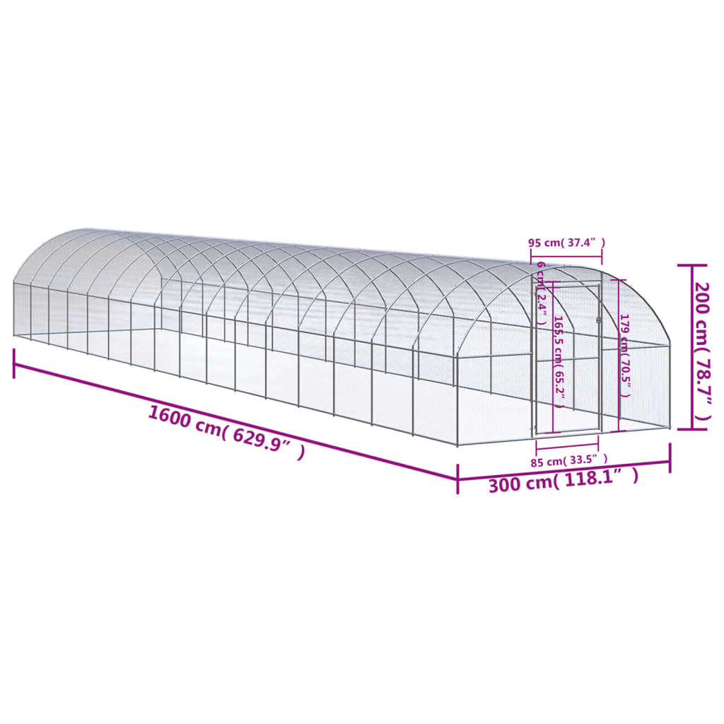 Vidaxl Gabbia Esterna Per Polli, 3X16X2 M, Acciaio Zincato