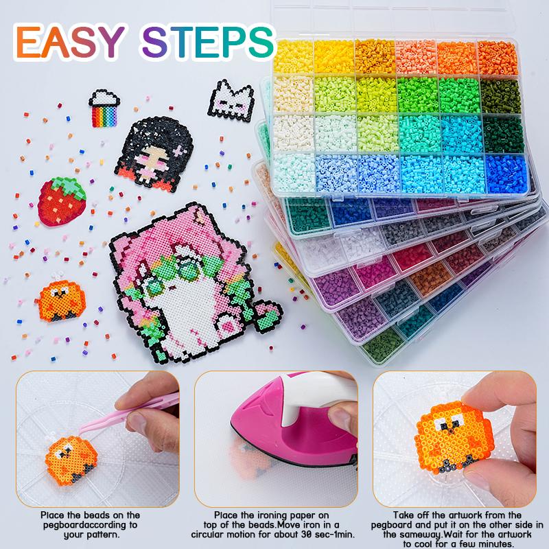 Bügelperlen Set 2,6mm Mini-Perlen 144 Farben All-in-One Set mit Steckplatten, Mini-Bügeleisen, Pinzette Pixel Art DIY Bastelset für Erwachsene