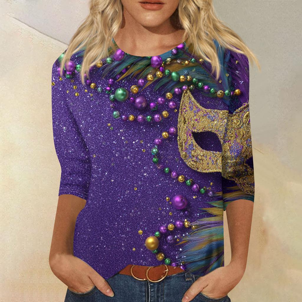 Women's Fashion Casual Round Neck Three-quarter Sleeve Carnival Print T-shirt Top