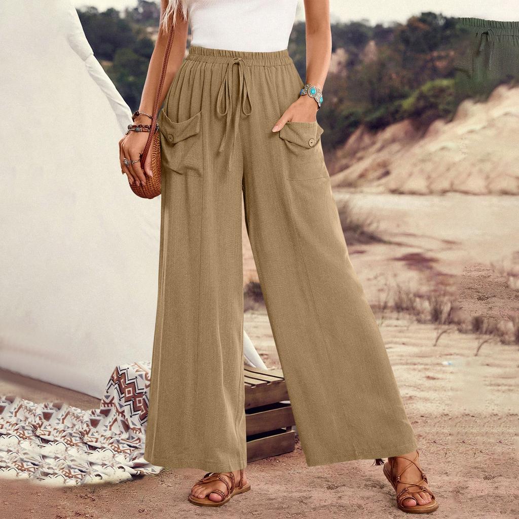 Women's Loose-Fit Casual Wide-Leg Pants With Pockets, Drawstring Waist, And Elastic Waistband