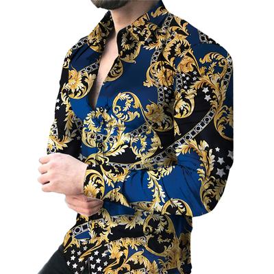 Men's 3D Printed Color-blocking Graphic Long-sleeved Breathable Slightly Elastic Button Shirt