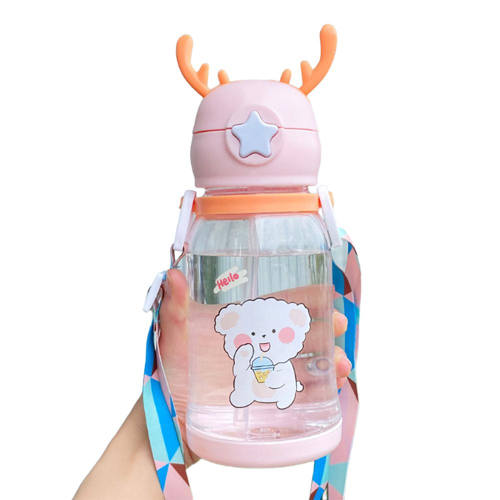 600ml Cartoon Water Bottle Children Net Red Plastic Antler Straw Water Cup Portable Polychrome Large Capacity Water Bottle Summe