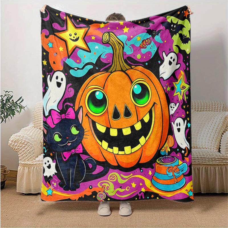 1pc Happy Pumpkin Halloween Blanket  Seasonal Universal Home Decorative Throw, Living Room, Travel, Camping, Car Blankets