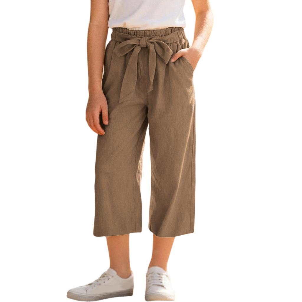 Girls' -Color Cotton-Linen Wide-Leg Loose-Fit Cropped Pants With Elastic Waistband