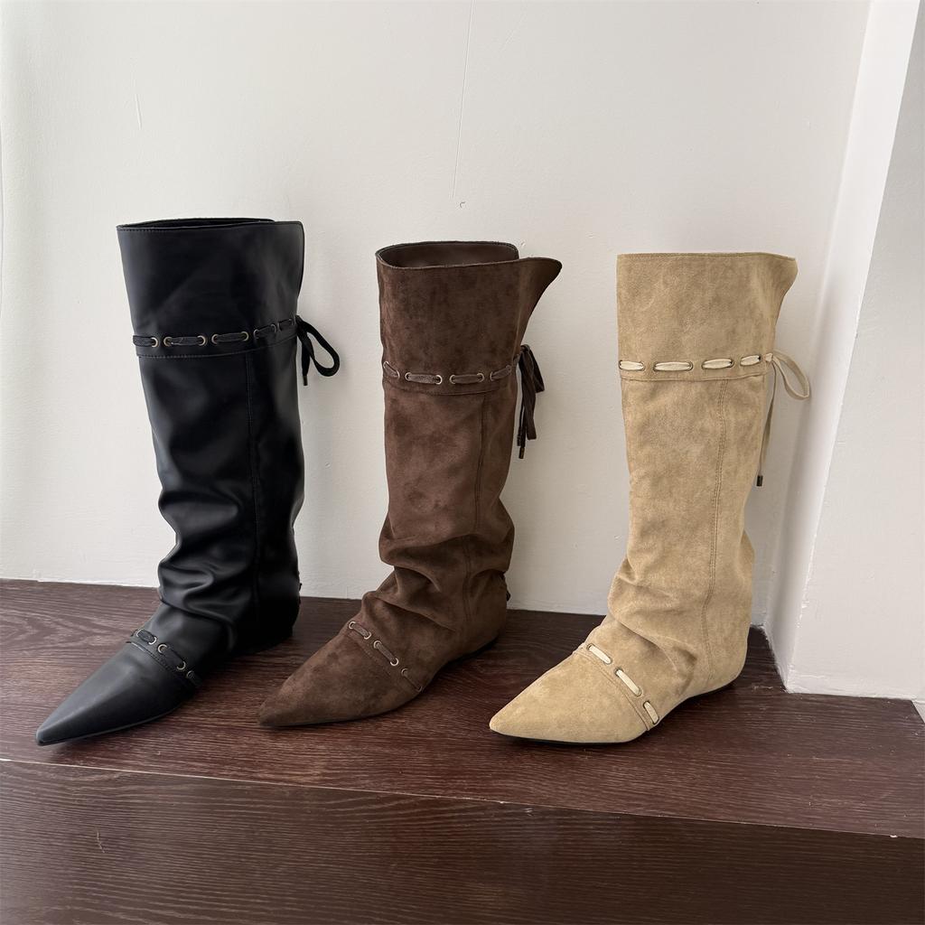 Inner Height Increase Pointed Suede Pile Long Boots Women's Shoes 2025 New Autumn and Winter Thin Medium Tube Knight Boots