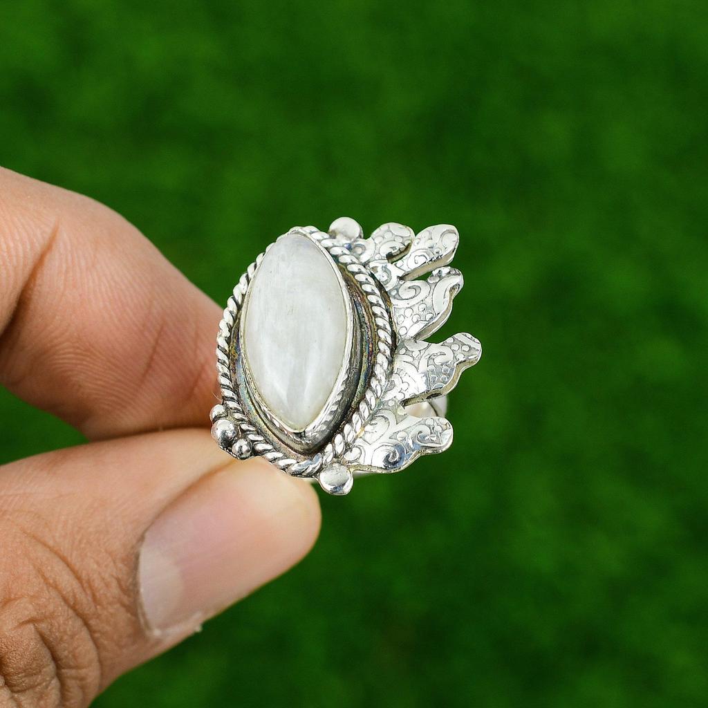 Natural Rainbow Moonstone Gemstone Multi Stone Adjustable Ring 925 Silver