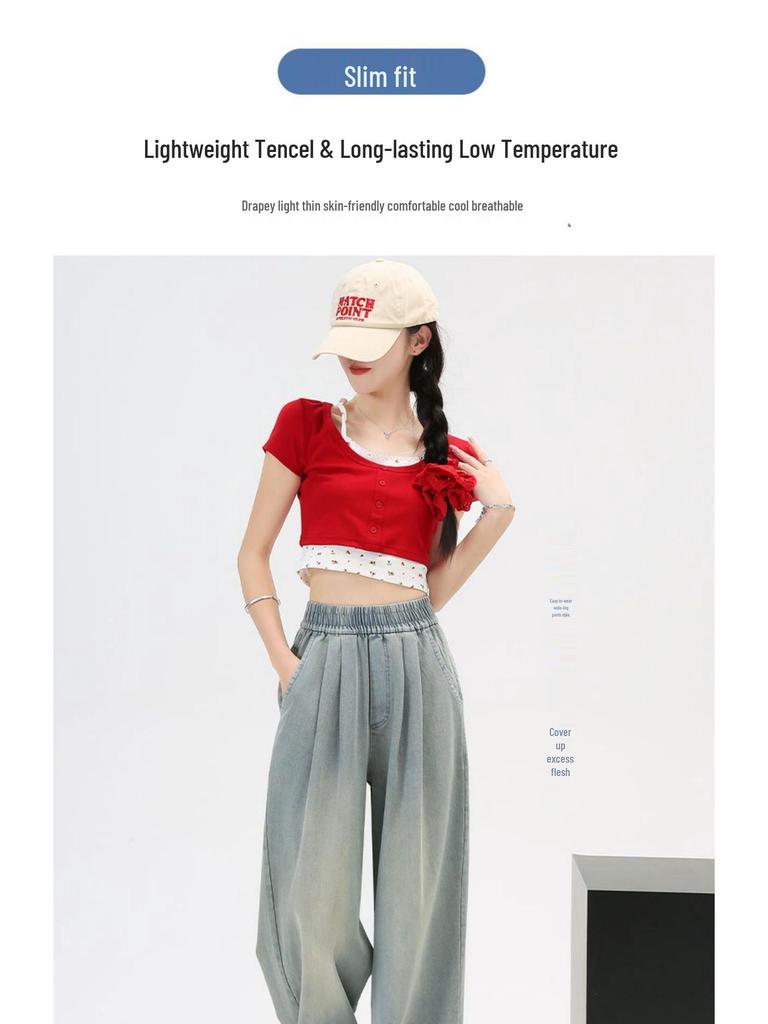 Women’s Tencel Soft Denim High-Waist Loose Jeans – Summer 2024 Retro Wide-Leg Style