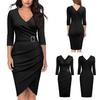 Solid Color Women V Neck 3/4 Sleeve High Waist Belted Irregular Pencil Dress