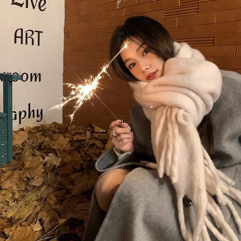 Winter new solid color versatile thickened scarf mohair fringed soft waxy warm student scarf women