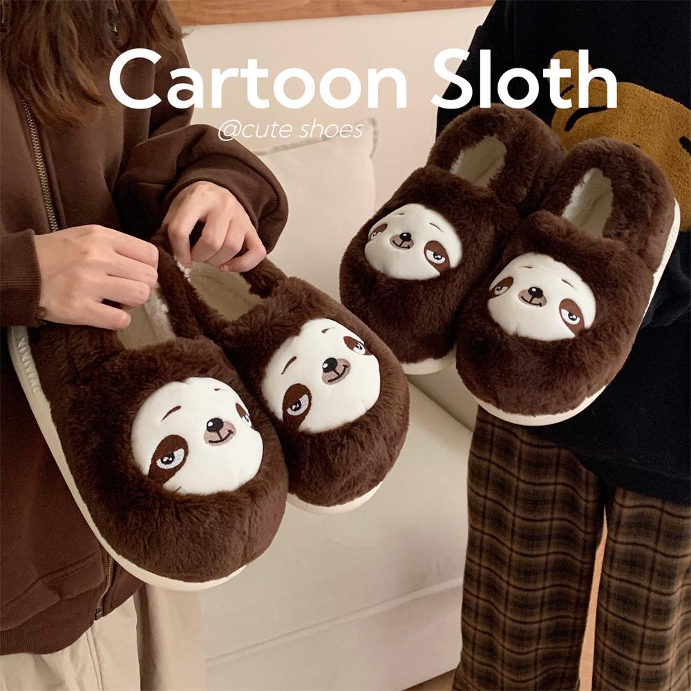 Fashion Indoor Cotton Slippers For Women Men Winter Warm Shoes Cute Cartoon Sloth Soft Plush Anti-slip Couples Home Floor Fluffy Shoes