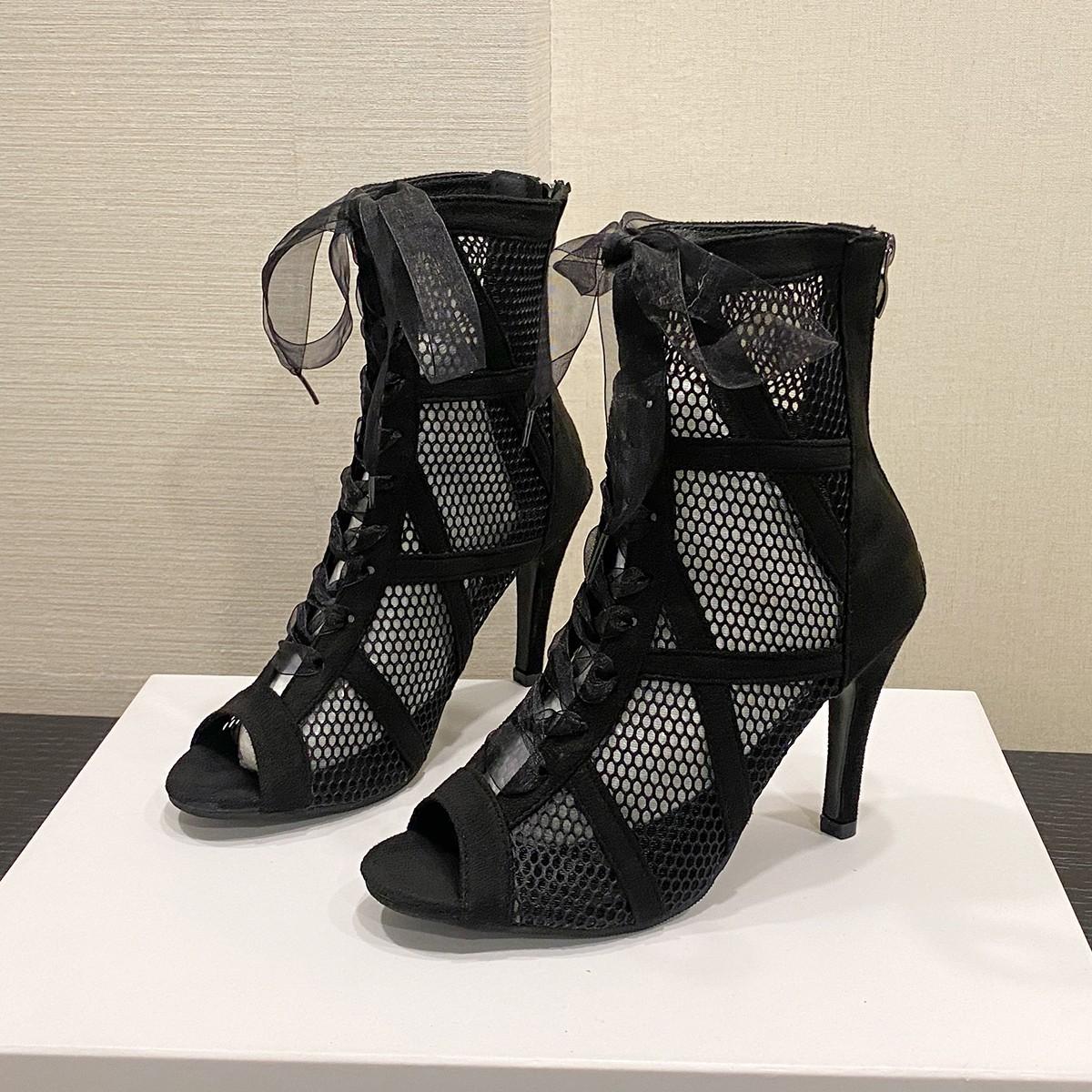 

35-43 Большие размеры Женская обувь Крутые ботинки Fish Mouth на шнуровке Женские летние сапоги с тонким каблуком и ажурной сеткой Танцевальные босоножки на высоком каблуке 40