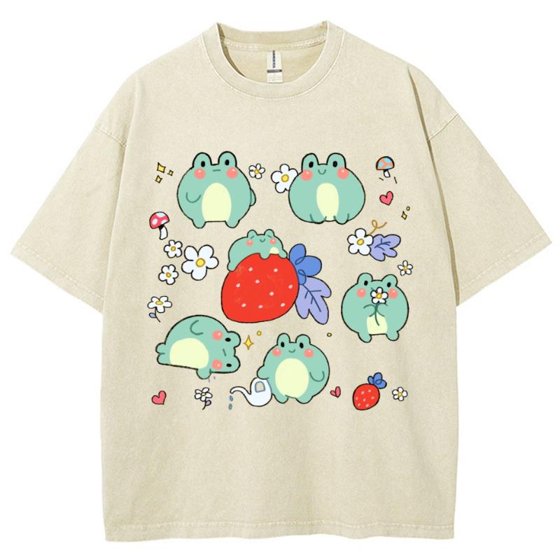 Women's Cartoon Cute Little Frog Strawberry Print T-Shirt,  Luxury Design, Short Sleeve, Washed Retro Style Top