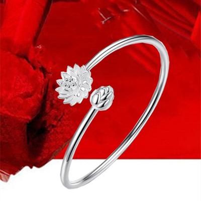 Lotusarmband Damen Silber Linie Blume Einfache Glatte Schnalle Versilbertes Armband Ethno-Stil Silber Ornament