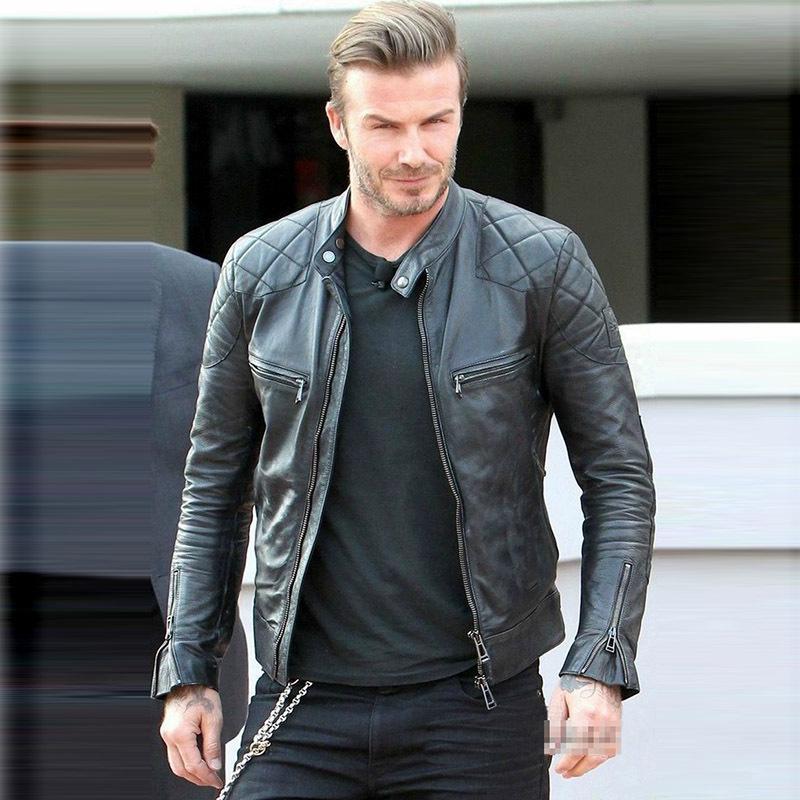 Męska kurtka ze skóry owczej, Kołnierz stojący, Skośny wzór rombów, Swobodny styl motocyklowy