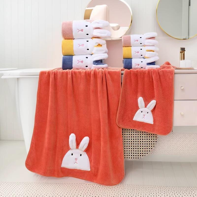 Coral Fleece Cartoon Rabbit 3D Quick-Dry Absorbent Bath Towel Set for Kids & Couples