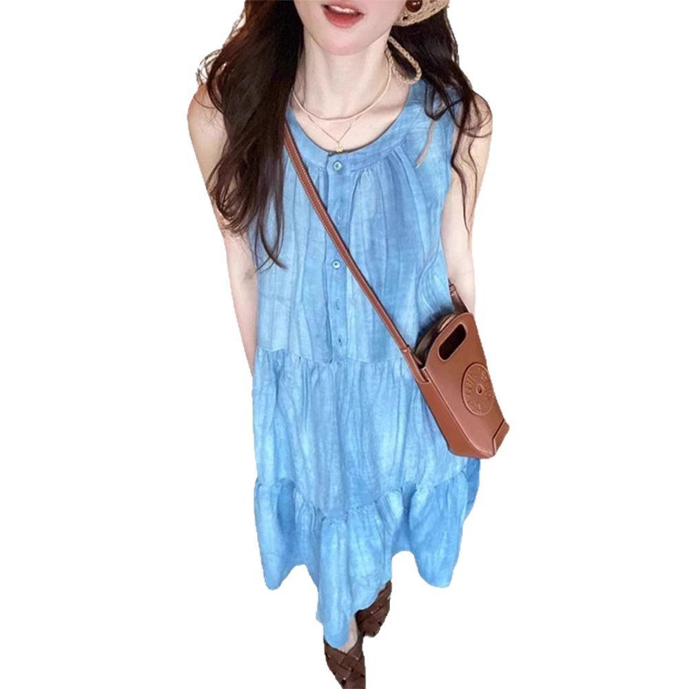 Niche design blue sleeveless vest dress children's summer new French holiday dress