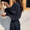 Women Spring Fall Dress Loose Lapel Solid Color Single-breasted Split Hem Soft Long Sleeve Retro Casual Commute Pleated Maxi Dress