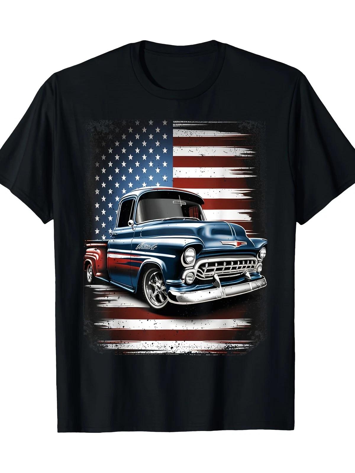 Vintage Classic Truck American Flag T-Shirt - Patriotic Retro Pickup Graphic Tee XS