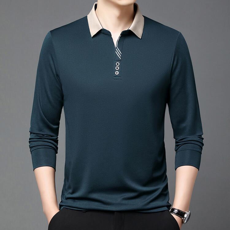 Polo de Manga Comprida Masculino de Primavera Gola Virada Cor Sólida Respirável Confortável Camisetas Casuais com Botões T-shirt Masculina