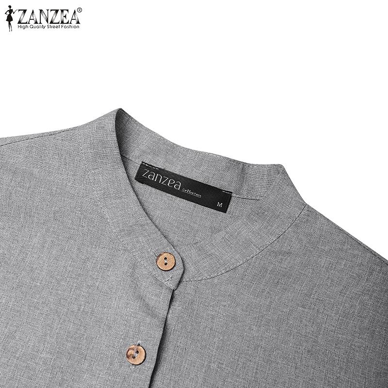 ZANZEA Women Stand Collar Long Sleeve Casual Full Flared Dress