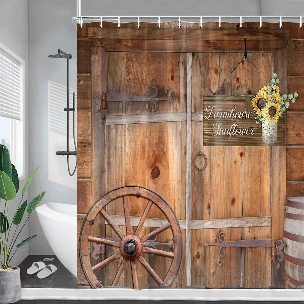 

Rustic Farm Barn Door Shower Curtains Vintage Wood Plank Wheel Sunflower Polyester Fabric Bathroom Decor Bath Curtain With Hooks W60H190(CM)-1 Pcs